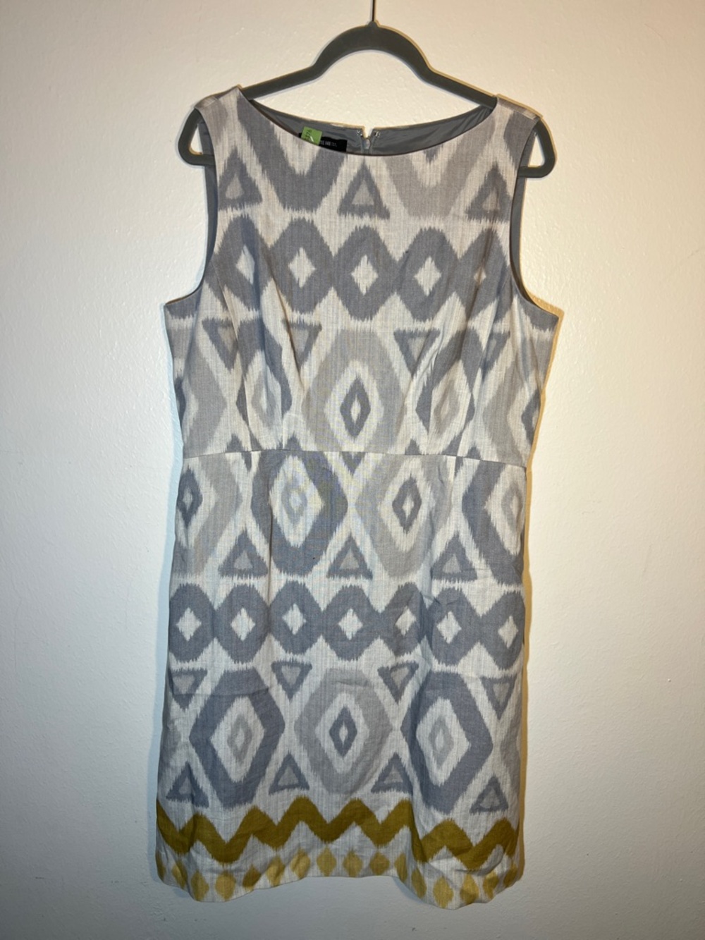 Lafayette 148 Gray & White Mustard Linen Geometric Sleeveless Sheath Dress 14